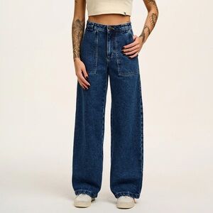 Lucy & Yak Delores Wide Leg Denim Jeans in Mid Wash Blue